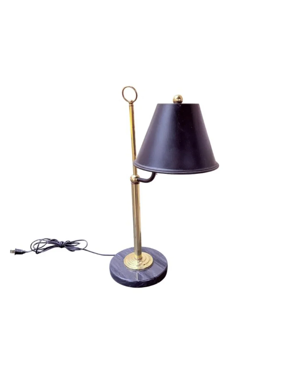 Vintage Brass Desk Lamp with Black Metal Shade and Heavy Round Marble Base - Picture 3 of 14